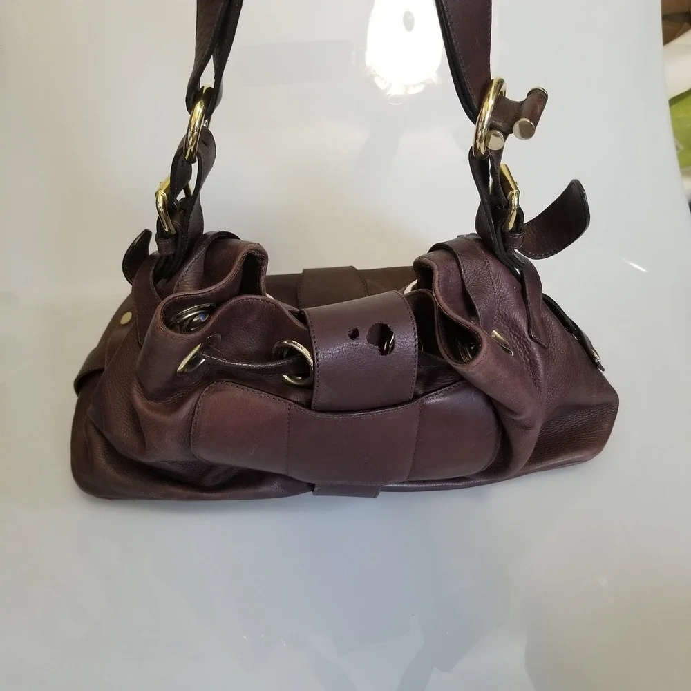 Jimmy Choo Ramona Shoulder Bag Medium Brown Leather Drawstring Hobo Italy *Flaw*